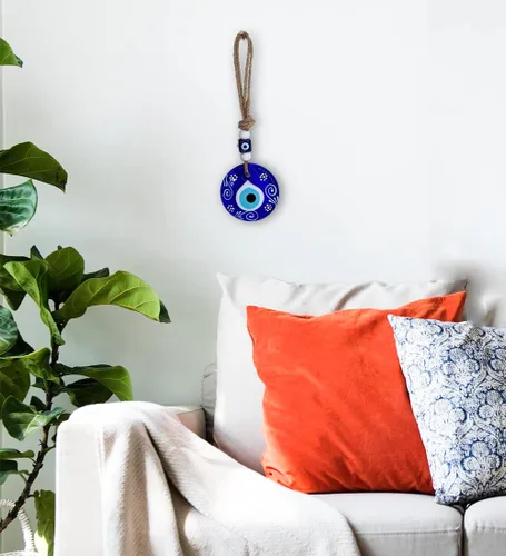 Vista 6 de Diseño de flores pintado a mano de cáñamo macramé mal de ojo para colgar en la pared, colgante de cristal, decorativo turco, griego, judío, adorno
