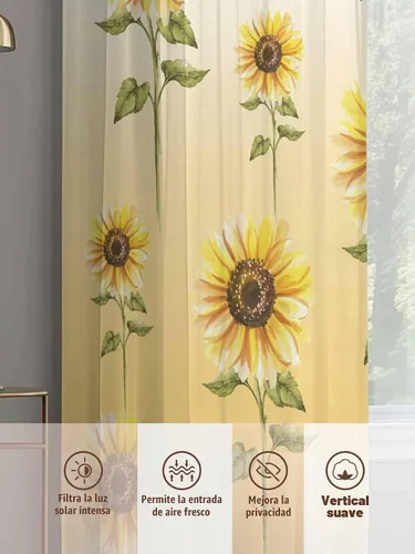 Vista 7 de Juego de 2 paneles de cortinas de girasol de 63 pulgadas de largo, cortinas traslúcidas amarillas con bolsillo para barra, cortinas de cocina