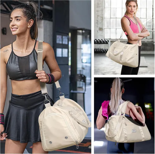 Vista 6 de FIORETTO Bolsa de deporte para mujer con bolsillo para artículos húmedos y compartimento para zapatos, bolsa de lona deportiva durante la noche, fin