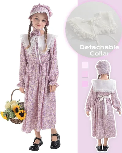 Vista 3 de NSPSTT Disfraz de pionera para niña, vestidos de pradera para niñas, vestido colonial floral para niña de los años 1800