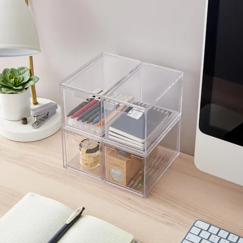 Vista 4 de STORi Chloe - Organizador de cajones transparente que ahorra espacio (4 cajones altos) para organizar suministros de oficina, cocina, belleza