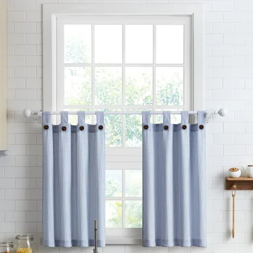 Vista 14 de Cortinas de nivel de algodón July Joy de 24 pulgadas de largo, cortinas de cocina de estilo rústico, bolsillo para barra para ventana pequeña