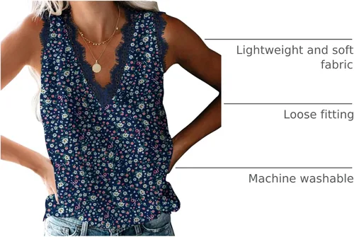 Vista 216 de VIISHOW - Camiseta sin mangas, sexy, con cuello en V y bordes de encaje para mujer, camisola de vestir, camisas de gasa, sin mangas, casuales
