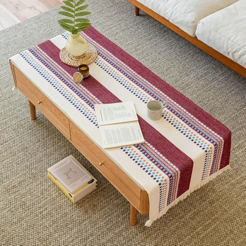 Vista 8 de Camino de mesa auxiliar de algodón pesado, funda rectangular grande con ribete de encaje, mantel central tejido a mano para sala de estar