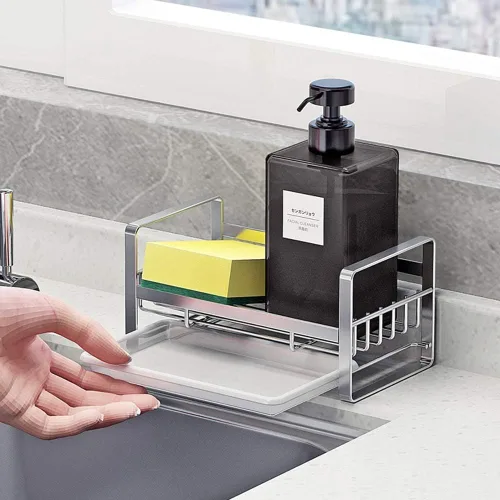 Vista 4 de Soporte para esponja de cocina, organizador de fregadero de cocina, bandeja para fregadero, soporte para jabón, acero inoxidable, plateado