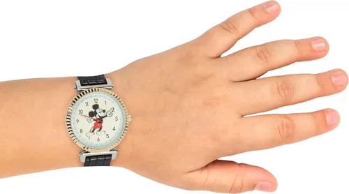 Vista 5 de Accutime Disney 100 Mickey Mouse - Reloj analógico negro para hombres y adultos con correa de cuero, movimiento de cuarzo japonés (Modelo MK5571AZ)