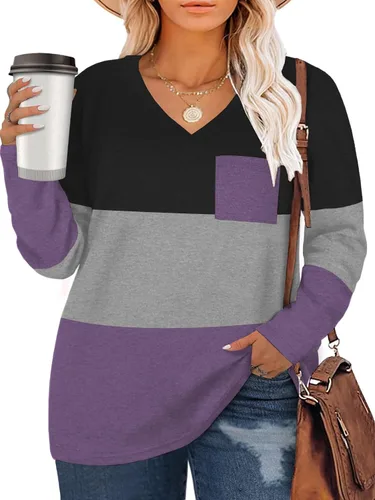 Vista 6 de DOLNINE Camisetas de manga larga con cuello en V para mujer, estilo casual, con bolsillo 01_negro gris oscuro gris