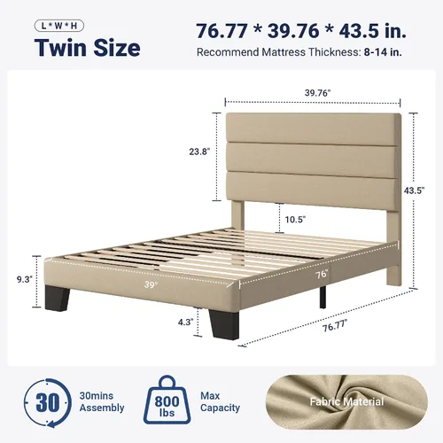Vista 2 de Allewie Base de cama de plataforma de tamaño individual con cabecera tapizada de tela y soporte de listones de madera, base de colchón totalmente