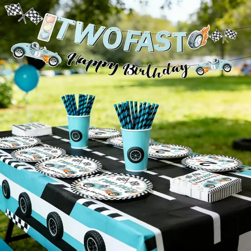 Vista 5 de Decoración de fiesta de 2º cumpleaños de coche de carreras para niños, dos platos y servilletas de papel desechable, dos rápidos, dos, curiosos, 2