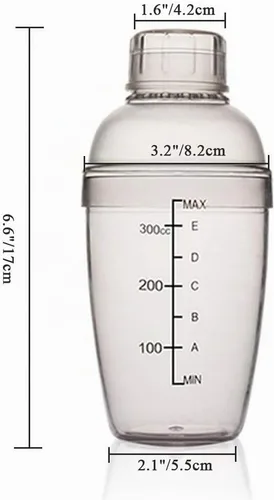 Vista 2 de Coctelera de plástico, mezclador de bebidas, agitador manual con taza y escalas, transparente (10 oz / 300cc)