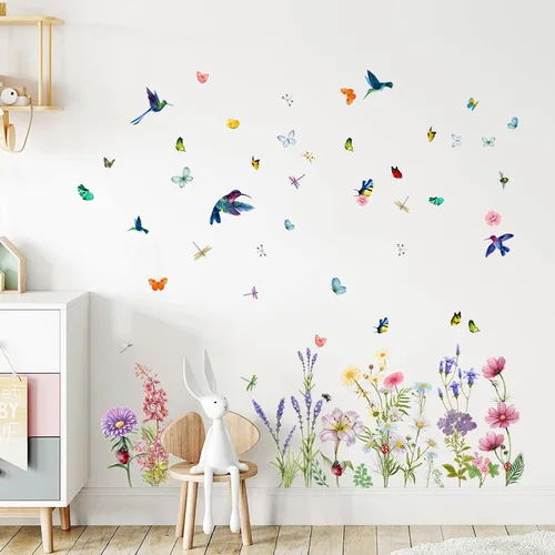 Vista 7 de Supzone Calcomanías de pared de flores, mariposas, crisantemos, libélulas, calcomanías de pared para despegar y pegar, calcomanías de flores