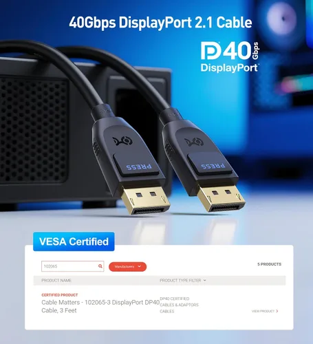 Vista 2 de Cable Matters [Certificado VESA] Cable DisplayPort 2.1 de 40 Gbps, 3.3 pies Cable DP40 de 8K a 120Hz / 4K a 240Hz, negro, FreeSync, G-SYNC, HDR