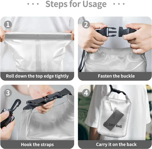 Vista 6 de Bolsa impermeable de almacenamiento transparente con tapa enrollable - Bolsa seca de 2 l/5 l/10 l/20 l, adecuada para viajes, natación, kayak Blanco