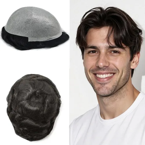 Vista 56 de Hombres Toupee 100% Europeo Remy Cabello Humano Piezas 0.002 in Ultra Delgado Piel Sistema de Reemplazo de Pelo Toupee para Hombres Protesis Capilar