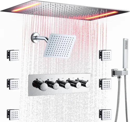 Vista 12 de Sistema de ducha termostático y cabezal de ducha de lluvia LED de techo de Oro cepillado