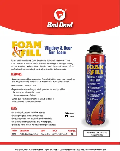 Vista 2 de Red Devil 0924 Spray Foam & Fill Window & Door Gun Foam, blanco roto, 24 onzas, 1 paquete