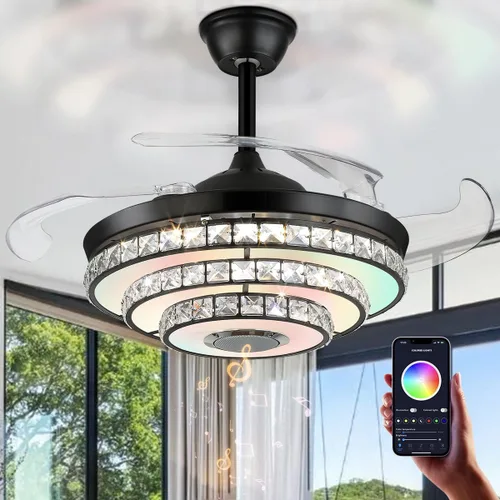 Vista 10 de A Million Ventilador de techo moderno con luz y control remoto, ventiladores de techo retráctiles dorados de 42 pulgadas con altavoz Bluetooth de 3
