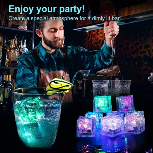 Vista 5 de 12 cubos de hielo impermeables con luz LED para bebidas que cambian de color, parpadean en la oscuridad, para bar, club, beber, fiesta, vino, boda