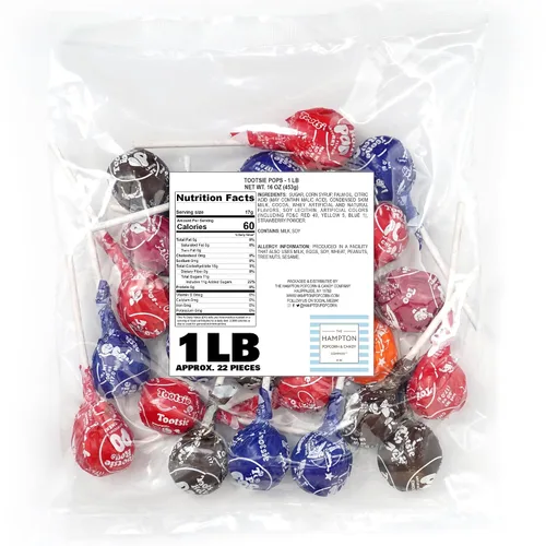 Vista 2 de Piruletas clásicas con centro de chocolate, bolsa a granel de 1 lb (aprox. 22 unidades), sabores de frutas surtidos originales, The Hampton Popcorn