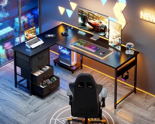 Vista 8 de AODK Escritorio para juegos en forma de L con 4 cajones, escritorios reversibles de oficina en casa de 53 pulgadas con tomas de corriente