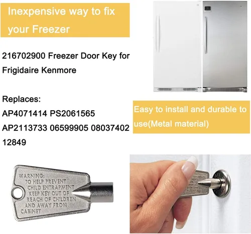 Vista 4 de 216702900 Llave de puerta de congelador para Frigidaire Kenmore AP4071414 PS2061565 AP2113733 AP4301346 PS1991481 06599905 08037402 12849 (Metal)