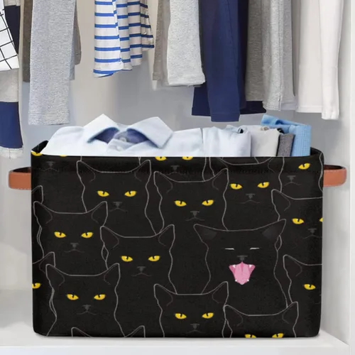 Vista 5 de Cestas de almacenamiento de gatos negros lindas, cestas de tela para lavandería, cajas de almacenamiento de animales de gato, organizador de bolsas