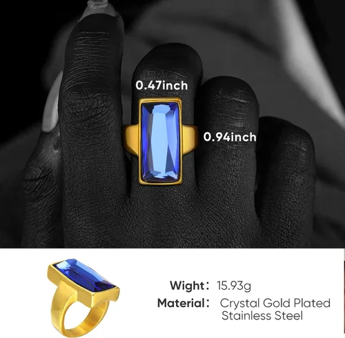 Vista 6 de VNOX Anillo de ónix rectangular de acero inoxidable chapado en oro de cristal negro vintage para mujer