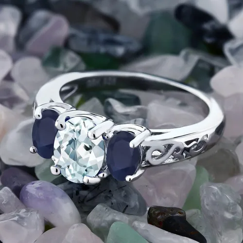Vista 3 de Gem Stone King Anillo ovalado de plata de ley 925 con zafiro azul aguamarina y zafiro azul cielo Metal Metal Piedra preciosa Aguamarina Zafiro
