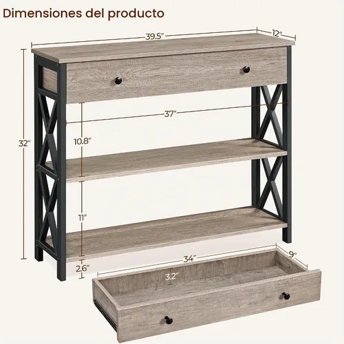 Vista 3 de Yaheetech - Mesa consola con cajón, mesa de entrada con almacenamiento de 3 niveles, color gris