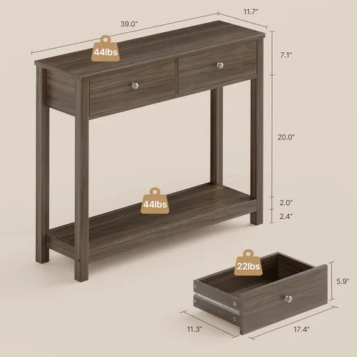 Vista 2 de Gizoon - Mesa de consola con 2 cajones, mesa de entrada de 2 niveles de madera con estantes de almacenamiento, mesa de sofá de 39" de ancho
