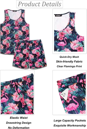 Vista 4 de JoZorro Conjunto de camiseta sin mangas con estampado floral para hombre, camiseta deportiva casual con estampado de lujo, ropa deportiva hawaiana