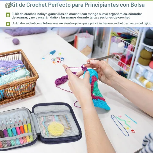 Vista 5 de Katech Juego de 85 ganchos de ganchillo, kit de ganchos de ganchillo con estuche de almacenamiento, agujas de tejer ergonómicas, kits de hilo de Azul