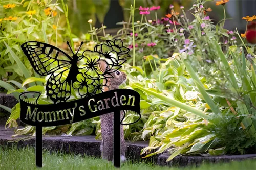 Vista 3 de Letreros de jardín personalizados con flores y mariposas, arte de metal para patio, estaca de jardín, letrero de metal, decoración de césped