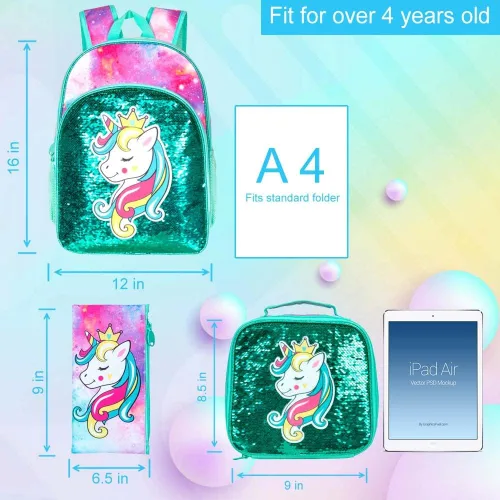 Vista 3 de 3 mochilas de unicornio para niñas, 16 pulgadas, con lentejuelas, con lonchera, bolsas escolares para preescolar primaria, jardín de infantes