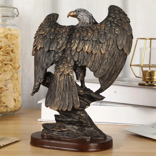 Vista 6 de H&W Estatua patriótica de águila sobre rocas de 10.25 pulgadas de alto, pájaro salvaje, águila decorativa de bronce, figura de resina de pátina