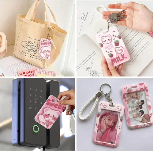 Vista 2 de FGISAR 2 piezas de soporte para tarjeta fotográfica Kpop, lindo oso de fresa, soporte para tarjetas de identificación Kpop con llavero, carrete
