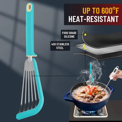 Vista 2 de Espátula de pescado, espátula de silicona resistente al calor de 600 ℉ con cepillo de untar, para utensilios de cocina antiadherentes, espátulas