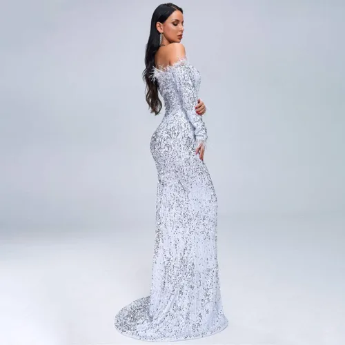 Vista 5 de VA Vestido largo sin tirantes para mujer, sin tirantes, manga larga, espalda descubierta, hasta el suelo, con lentejuelas, para boda, fiesta de noche