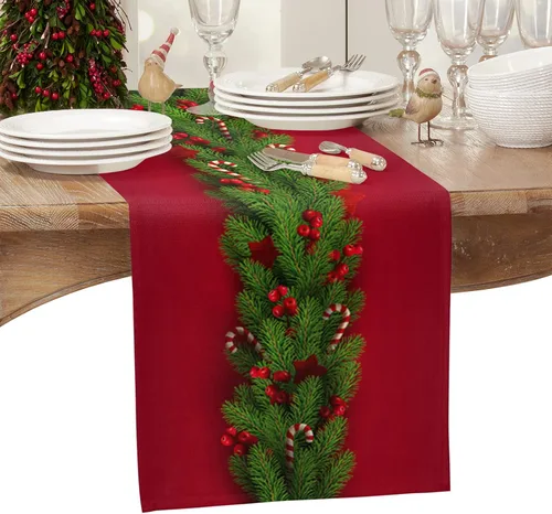 Vista 2 de Camino de mesa de Navidad de 70 pulgadas de largo, paños de mesa de árboles de Navidad rojos de algodón y lino para aparadores, bufandas de mesa