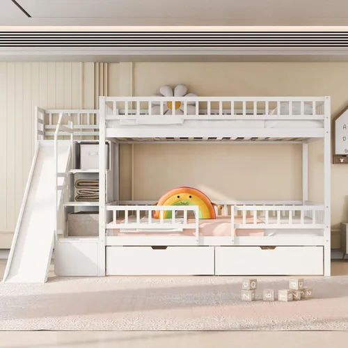 Vista 14 de Harper & Bright Designs Litera Individual sobre Individual con Escaleras y Cama Nido, Marco de Litera de Escalera de Madera Maciza con Espresso