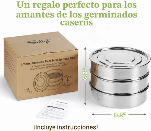 Vista 6 de SOLIGT Kit apilable de germinación de semillas de acero inoxidable, bandejas de germinación de malla de 2 niveles, 1 base y 1 tapa de cubierta