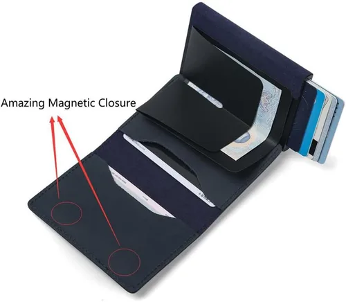 Vista 4 de Cartera delgada para Air Tag Cartera de cuero genuino RFID para tarjetas de crédito y dinero, mini cartera de aluminio desplegable automática