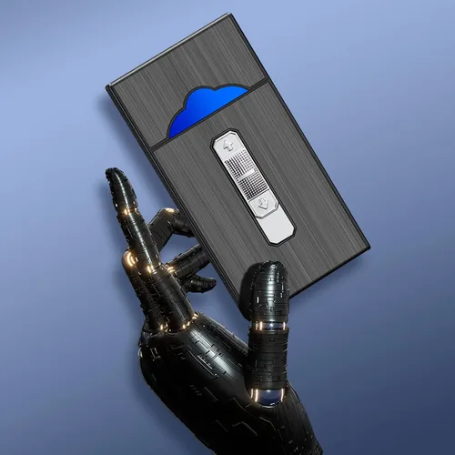 Vista 6 de Caja de cigarrillos de aluminio con encendedor eléctrico, encendedor USB recargable, regalo para mujeres, hombres, padre, madre (negro)