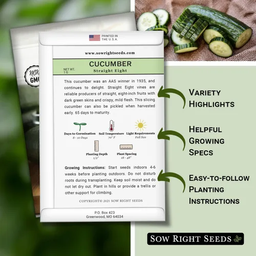 Vista 2 de Sow Right Seeds - Ocho semillas de pepino rectas para plantar - Paquete de reliquia sin OMG con instrucciones para plantar y cultivar un huerto