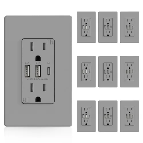 Vista 8 de ELEGRP Tomacorrientes USB, toma de pared de 3 puertos, toma eléctrica de 30 W 6.0 A resistente a manipulaciones, toma de corriente de 15 amperios