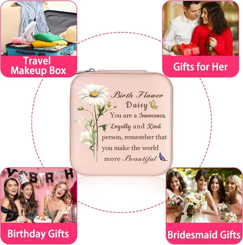 Vista 7 de Joyero de viaje para mujeres y niñas, joyero pequeño con flor de nacimiento, regalos de cumpleaños para hija, nieta, joyero de viaje con espejo