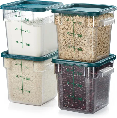 Vista 15 de CURTA Paquete de 4 recipientes de almacenamiento de alimentos con tapas azules, policarbonato transparente cuadrado de 12 cuartos de galón y 22 12