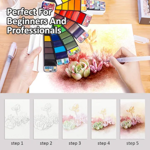 Vista 6 de Juego de pintura de acuarela, 42 colores surtidos con 3 pinceles, juego de bocetos de campo de acuarela plegable perfecto para pintura al aire libre