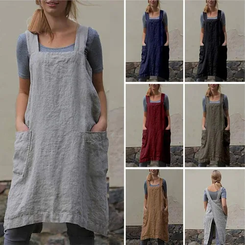 Vista 6 de VLZUFE Delantal de lino de algodón para mujer, delantal con espalda cruzada, vestido para hornear, cocinar, trabajar en jardinería