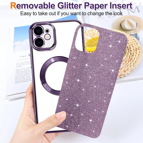 Vista 2 de Hython para iPhone 12 Funda con chispas brillantes, fundas transparentes magnéticas con protector de lente de cámara [Compatible con MagSafe]